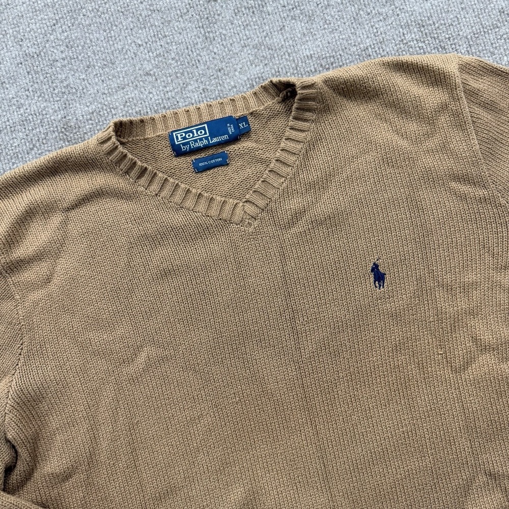Polo Ralph Lauren Sweater Mens Large Tan 100% Cotton V Neck Knit Pullover